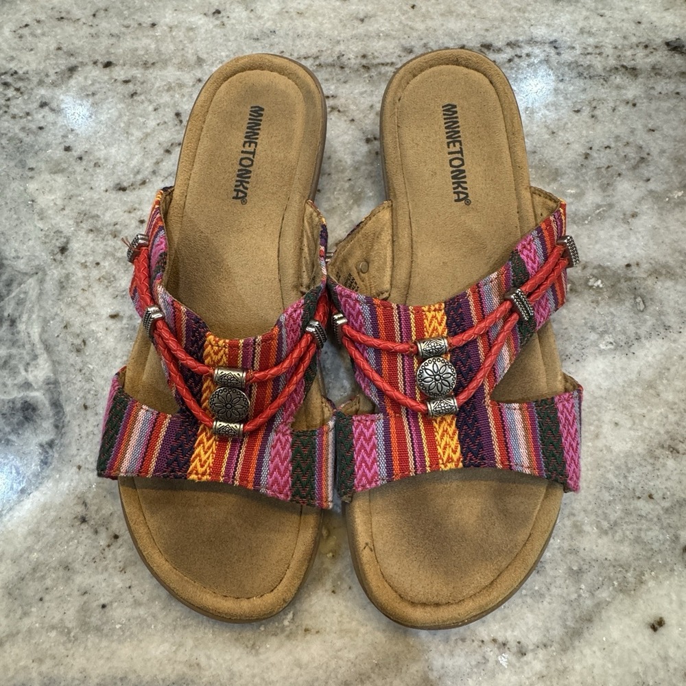 Minnetonka Sandals Aztec Colorful Open Toe Slip On Southwestern Sz Women's 9 M